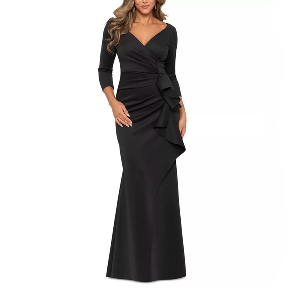 Xscape Pleated Ruffled Black Gown - Picture 1 of 2
